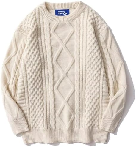 Aelfric Eden câble tricot pull femmes Vintage gros crème pull hommes tissé col rond tricoté pull blanc
 Fiche Technique et Prix au Maroc