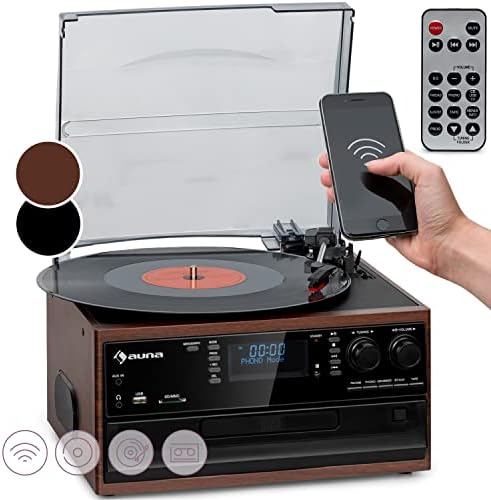 Auna Platine Vinyle Bluetooth, Tourne Disque Vinyle CD Bluetooth avec Haut parleur, Tourne-disques Audio Vinyle 33 tours, Chaine Hifi avec Platine Vinyle, Lecteur Vinyles Vintage, Platine Vinyle Rétro
 Avis, Fiche Technique et Prix au Maroc