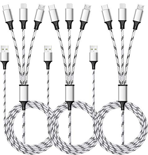 Câble de charge multiple, 1,5 m, lot de 3 câbles de charge multiples en nylon tressé, adaptateur de cordon de charge universel 3 en 1 USB multiple avec connecteurs de port micro USB de type C pour téléphones portables et plus encore
 Fiche Technique et Prix au Maroc