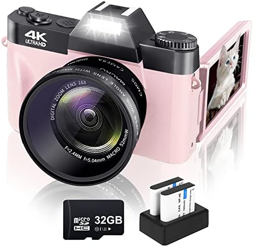 Appareils photo numériques pour la photographie VJIANGER 4K 48MP YouTube Camera pour Vlogging avec écran rabattable de 3,0", zoom numérique 16X, comprend un objectif grand angle et macro de 52 mm, une carte SD de 32 Go, 2 piles (Re7-rose)
 Fiche Technique et Prix au Maroc