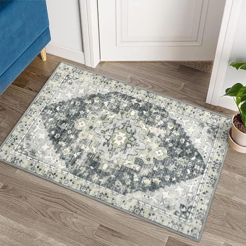 Uphome Tapis d'entrée bohème 2 x 3 cm, tapis lavable vintage vieilli pour salle de bain, petit tapis gris doux antidérapant, tapis oriental floral à poils courts pour porte de cuisine, chambre à coucher
 Fiche Technique et Prix au Maroc