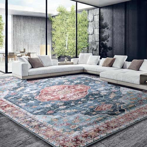 HOMBYS Tapis vintage 20,3 x 25,4 cm pour salon, chambre à coucher, grand tapis de sol bohème avec envers antidérapant pour intérieur, bureau, salle à manger, décoration d'intérieur traditionnelle, ne perd pas ses poils, bleu, lavable en machine
 Fiche Technique et Prix au Maroc