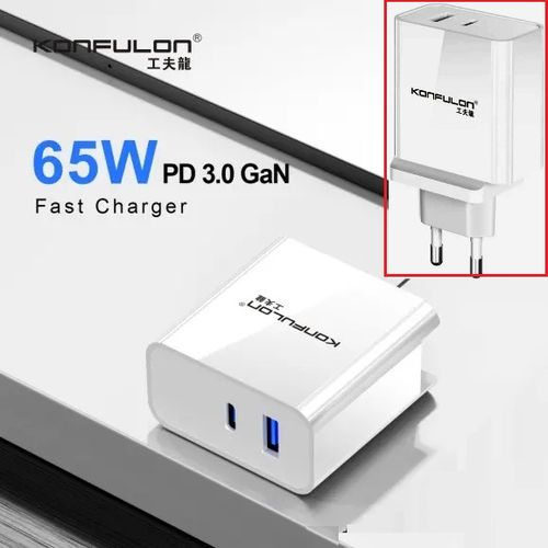 Konfulon Fast Universal Travel Charger 65w GaN // Chargeur Rapide 2 Port Type-C + USB
 Fiche Technique et Prix au Maroc
