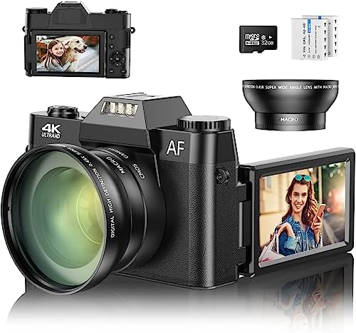 Caméra de vlogging 4K pour YouTube, appareil photo numérique 48 MP pour la photographie avec écran rabattable de 3", zoom numérique 16x et mise au point automatique vidéo anti-tremblement, objectif grand angle, objectif macro, 2 piles, carte Micro SD 32 Go
 Fiche Technique et Prix au Maroc