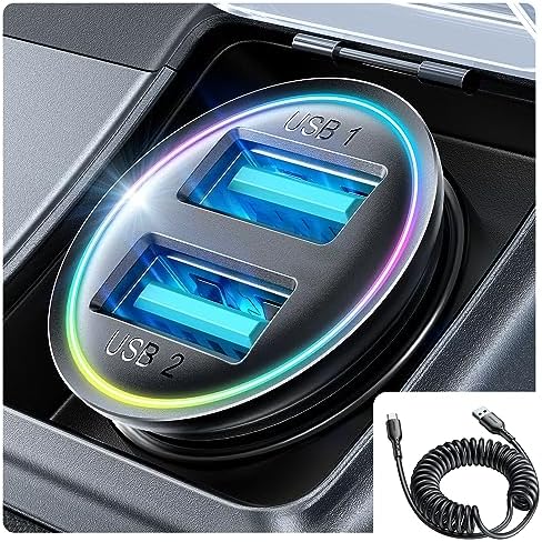 Chargeur de voiture Joyroom 4,8 A tout en métal, mini chargeur USB allume-cigare avec câble enroulé de type C pour iPhone 15 Pro, adaptateur de chargeur de voiture double USB, charge rapide pour iPhone/Samsung/Android
 Fiche Technique et Prix au Maroc