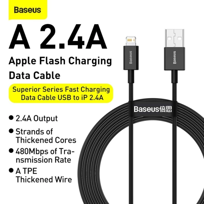 Telefonų kabeliai - Baseus Lightning Superior Series cable, Fast Charging, Data 2.4A, 1m Black (CALYS-A01)