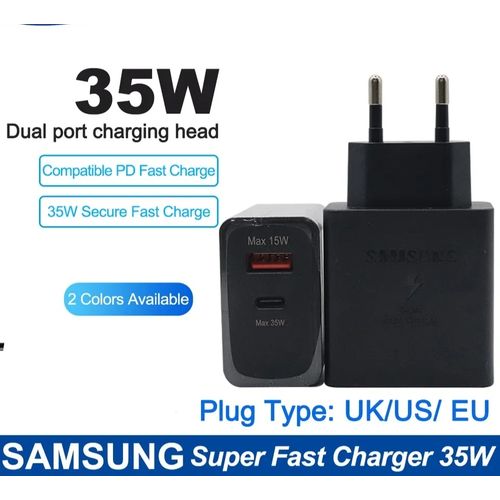 Samsung Chargeur Adaptateur 35w Secteur ultra rapide double-port USB-A et Type-C Noir
 Fiche Technique et Prix au Maroc