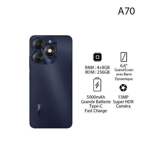 Itel A70 12GB(4+8GB)/256GB, HD+, 13MP, 6.6” HD+, 5000mAh, Type C, Starlish Black
 Fiche Technique et Prix au Maroc