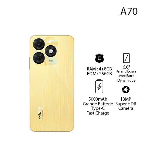 Itel A70 12GB(4+8GB)/256GB, HD+, 13MP, 6.6” HD+, 5000mAh, Type C, Brilliant Gold
 Fiche Technique et Prix au Maroc