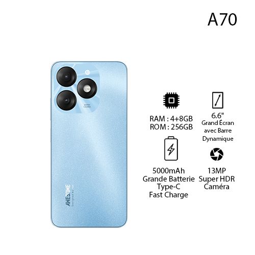 Itel A70 12GB(4+8GB)/256GB, HD+, 13MP, 6.6” HD+, 5000mAh, Type C, Azure Blue
 Fiche Technique et Prix au Maroc