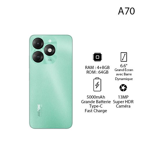 Itel A70 12GB(4+8GB)/64GB, HD+, 13MP, 6.6” HD+, 5000mAh, Type C, Field Green
 Fiche Technique et Prix au Maroc