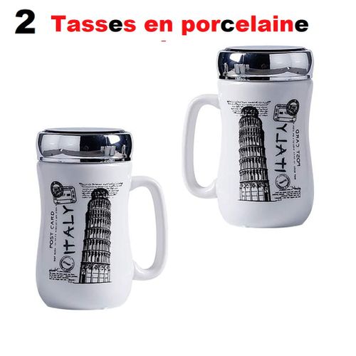 Set de 2 Mugs à café en céramique, Tasses à café avec couvercle à miroir
 Fiche Technique et Prix au Maroc
