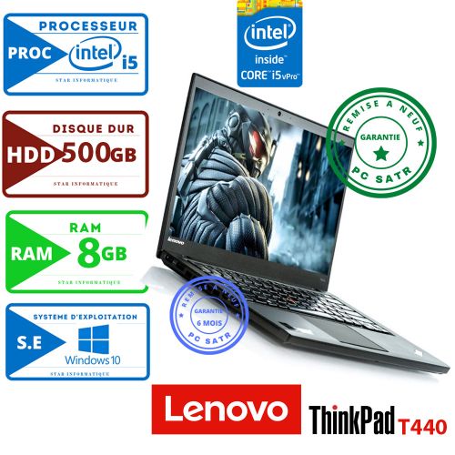 Lenovo PC PORTABLE  Thinkpad-T440 Core i5 RAM 8GB 500 HDD -Remis a Neuf
 Fiche Technique et Prix au Maroc