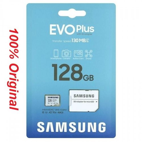 Samsung EVO Plus Carte mémoire 128GB microSDXC™ UHS U3 V30 4K For Phone Drone Camera - Vitesse 130MB/s
 Fiche Technique et Prix au Maroc