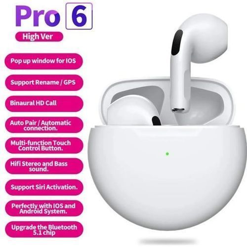 tws Pro6 Écouteurs  blanc PRO 6 Bluetooth Sans Fil +EDR - Blanc
 Fiche Technique et Prix au Maroc
