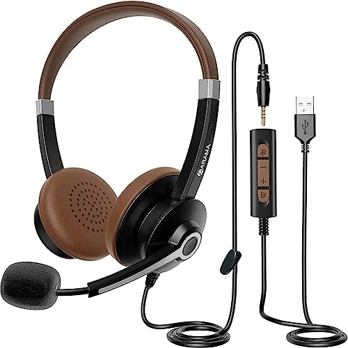 Arama Casque USB avec microphone antibruit et commandes d'appel en ligne, casque filaire ultra confortable de 3,5 mm pour téléphone portable, casque d'ordinateur avec sourdine pour PC portable, webinaire Skype, bureau à domicile
 Avis, Fiche Technique et Prix au Maroc