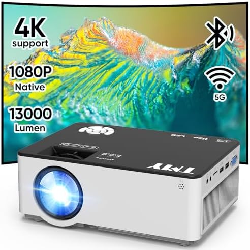TMY Native 1080P Projector with 5G WiFi and Bluetooth 5.1, 13000 Lumens 4K Supported Mini Projector, Portable Projector Compatible with TV Stick/Phone/PC/DVD/HDMI/AV/USB/SD, Outdoor Movie Projector Fiche Technique et Prix au Maroc