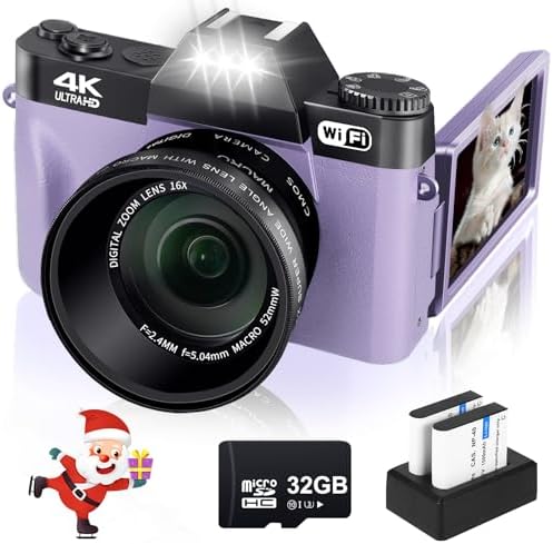 VJIANGER Appareil photo numérique 4K 48 MP WiFi Vlogging pour YouTube avec écran rabattable à 180°, zoom numérique 16X, grand angle 52 mm et objectif macro, 2 piles, carte TF 32 Go (W02-Purple33)
 Fiche Technique et Prix au Maroc