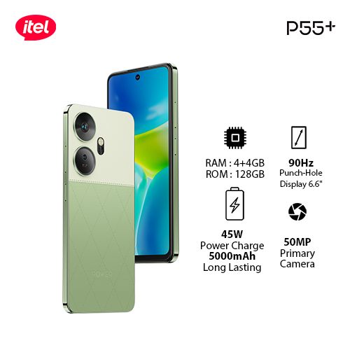Itel P55+ 8GB(4+4GB)/128GB, 45W, 50MP, 6.6”, Royal Green
 Fiche Technique et Prix au Maroc