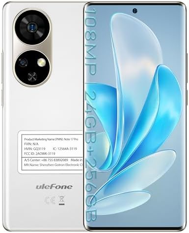 Téléphone débloqué Ulefone Note 17 Pro, jusqu'à 24 + 256 Go, écran AMOLED 6,78", appareil photo 108 MP, 5050 mAh, télécommande NFC/IR Blaster, Android 13, NFC, identification par empreinte digitale, 4G LTE Dual Nano Smartphones (Blanc)
 Fiche Technique et Prix au Maroc