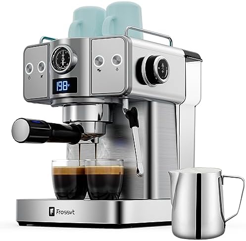 Frossvt Machine à expresso, machine à expresso 20 bars avec mousseur à lait, baguette à vapeur pour latte et cappuccino, machines à café en acier inoxydable avec réservoir d'eau de 1,8 L/60 oz pour la maison, cafetière argentée
 Avis, Fiche Technique et Prix au Maroc