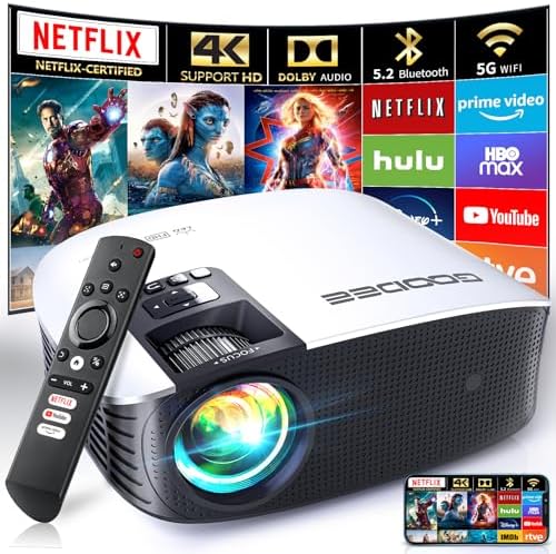 GooDee Smart Projector with 5G WIFI and Bluetooth Projector,FHD Outdoor Movie Projector with Netflix/Amazn Prime Video Certified,Home Theater Projector with Dolby Audio 4K Projector TV Stick USB Suppo Fiche Technique et Prix au Maroc