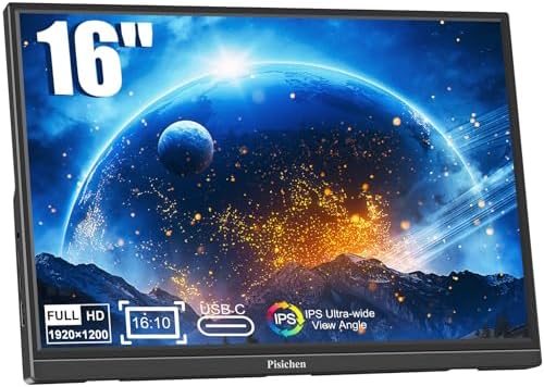 Pisichen Moniteur portable 16 pouces FHD 1920 x 1200, moniteur de voyage HDMI USBC IPS, HDR Plug & Play, moniteur externe pour ordinateur portable, PC, PS4, Xbox Switch, téléphone Ras Pi
 Fiche Technique et Prix au Maroc