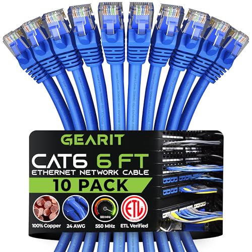 GearIT Câble Ethernet Cat 6 ft (paquet de 10) - Câble de raccordement Cat6, pieds bleus Internet réseau pour ordinateur personnel
 Avis, Fiche Technique et Prix au Maroc
