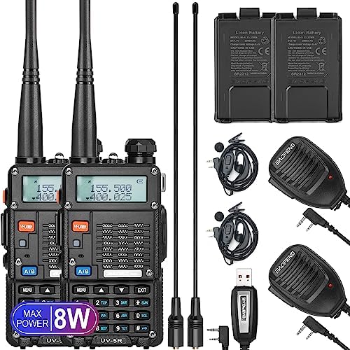 BAOFENG UV-5R Radio 8 watts (UV-5R 3ème génération) avec câble de programmation et antenne à gain élevé, radio amateur longue portée avec écouteur et microphone à main (lot de 2)
 Avis, Fiche Technique et Prix au Maroc