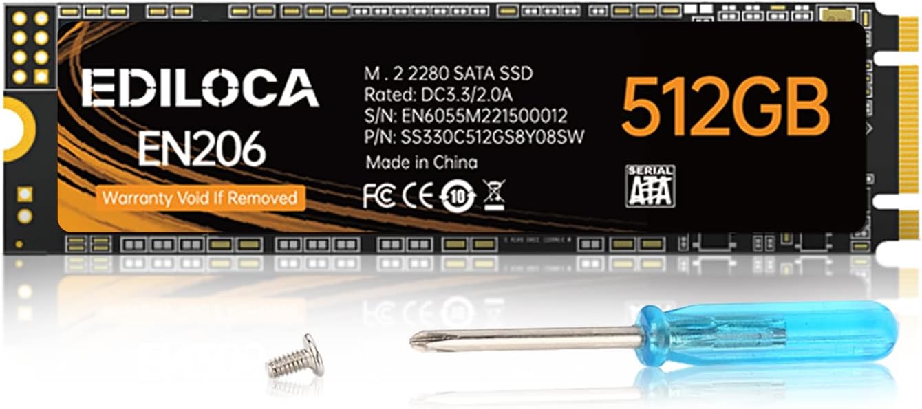 Ediloca EN206 Disque Dur Interne 3D NAND M.2 SSD, M.2 2280 SATA III 6 Go/s SSD, Vitesse de Lecture/écriture jusqu'à 550/460 Mo/s, Compatible avec PC de Bureau et Ordinateur Portable Fiche Technique et Prix au Maroc