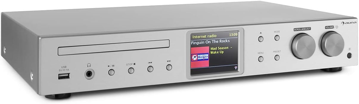 AUNA iTuner CD Récepteur HiFi - Tuner Internet Radio, Tuner HiFi, Radio FM, Dab+, Lecteur CD, Connexions Multiples, WiFi, Spotify Connect, UNDOK, USB - no Bluetooth, Argent Fiche Technique et Prix au Maroc