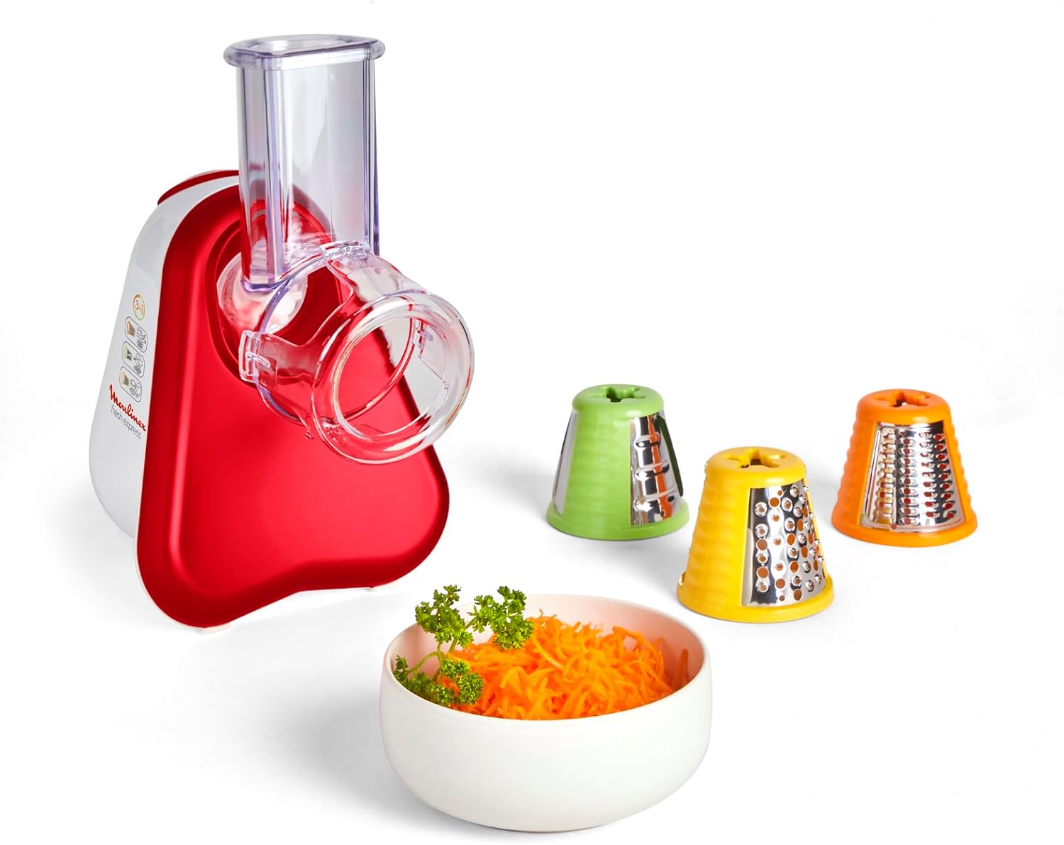 Moulinex Découpe-légumes électrique, Râpe 3-en-1, Système de cônes de couleur facile, Large goulotte, Pièces amovibles compatibles lave-vaisselle, Fresh Express rouge DJ753510 Avis, Fiche Technique et Prix au Maroc