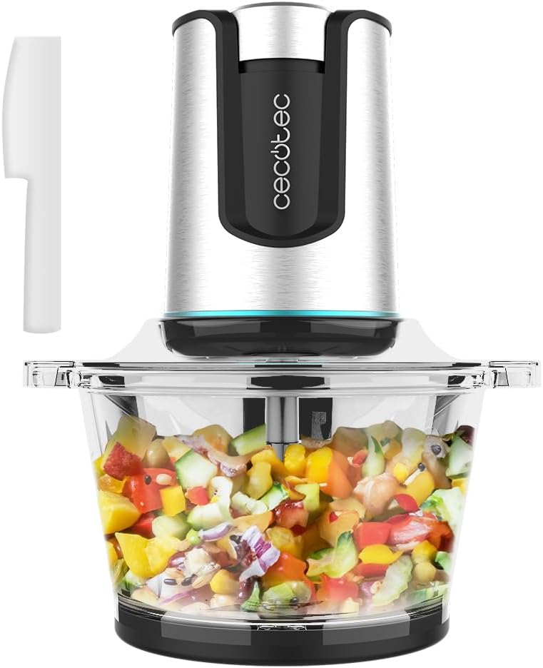 Cecotec Hachoir Électrique d'Aliments Picadora ChopBeat 2000 Delhi Glass. 500 W, Hache, Coupe et Broye la Viande, les Légumes et la Glace, 4 Feuilles en Acier Inoxydable, 2 Vitesses, Bol de 500 gr