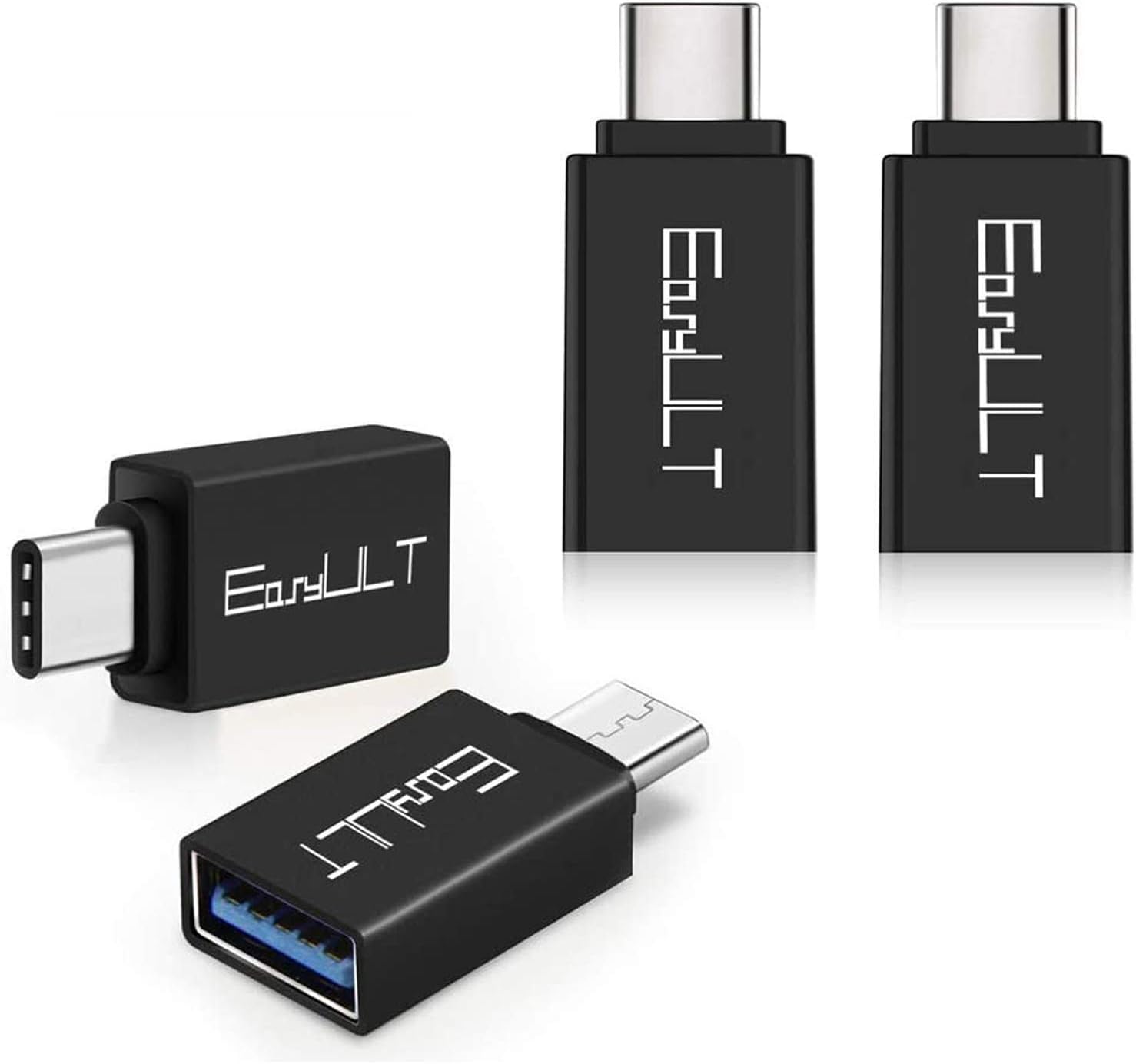 EasyULT Adaptateur USB C vers USB 3.0[4 Pièces], Adaptateur USB OTG Type C Mâle vers USB A Femelle pour Samsung S8/S9/S10, MacBook Pro, Google Pixel, Huawei et Autres avec USB C (Noir)