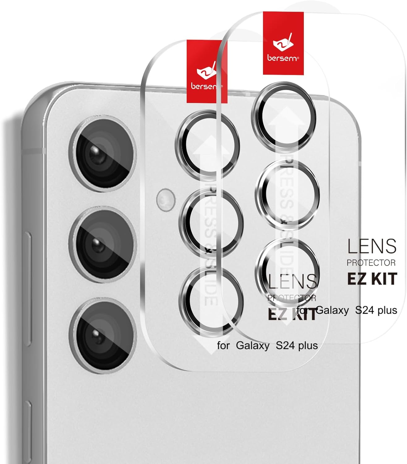 BERSEM Protection Objectif Caméra pour Samsung Galaxy S24 Plus, Amélioration de la Transparence AR, Plateau d'Installation Facile, Verre Trempé 9H, Résistant aux Chocs, Ultra HD-Lot de 2(ARGENT)