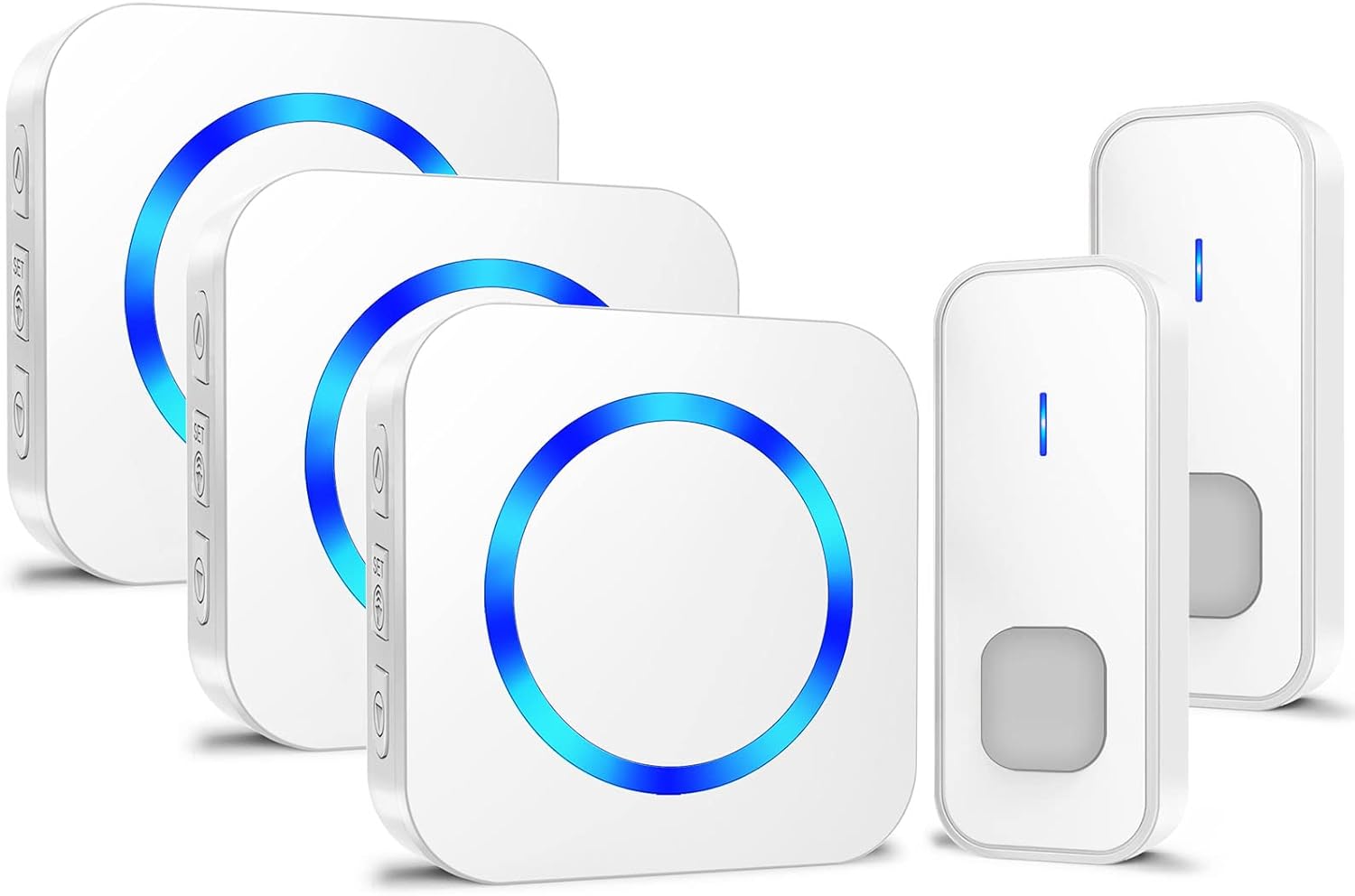 Sonnette de Porte, sans Fil avec 2 Transmetteur et 3 Récepteur Enfichable, Carillon de Porte d'une Portée de 400M, 55 Mélodies au 5 Niveaux de Volume pour Maison, Blanc