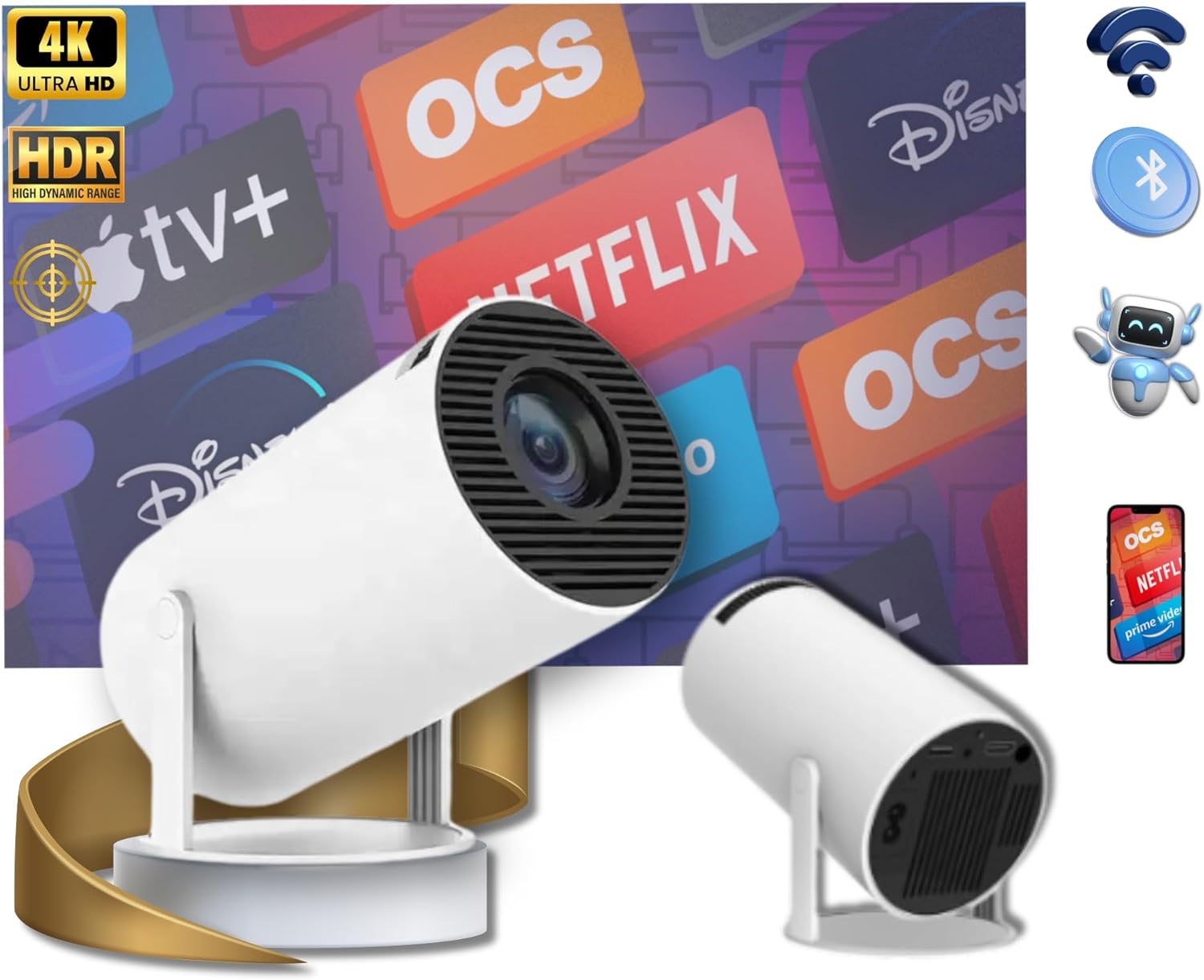 Projecteur EKLAT Mini & Retroprojecteur Portable Android 11.0 | Résolution 720p | 4K | WiFi 6 | BT 5.0 | Rotation 180° | 130 Pouces | Videoprojecteur Intelligent | Expérience Cinéma à Emporter