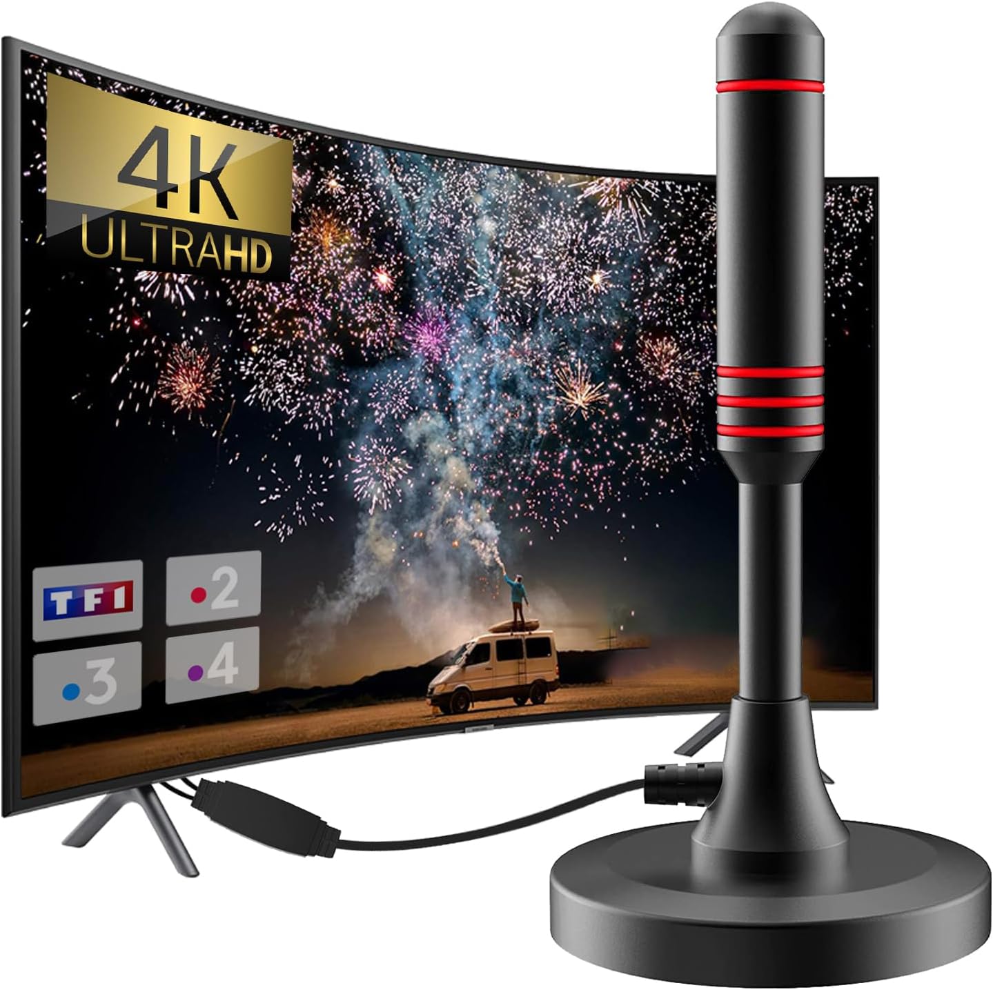 250KM Antenne TV Intérieur Puissante TNT, Longue Portée et Antenne TV Intérieure à 360 °, pour 1080P 4K Chaînes Télévision Gratuites - 5m de Câble Coaxial