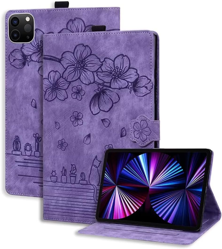 Coque pour Lenovo Tab P12 12.7 inch 2023 Case Relief Fleurs Housse en Cuir PU Flip Stand Portefeuille Tablet Etui Coque de Protection avec pour Lenovo Tab P12 12.7 inch 2023, La Couleur Violette