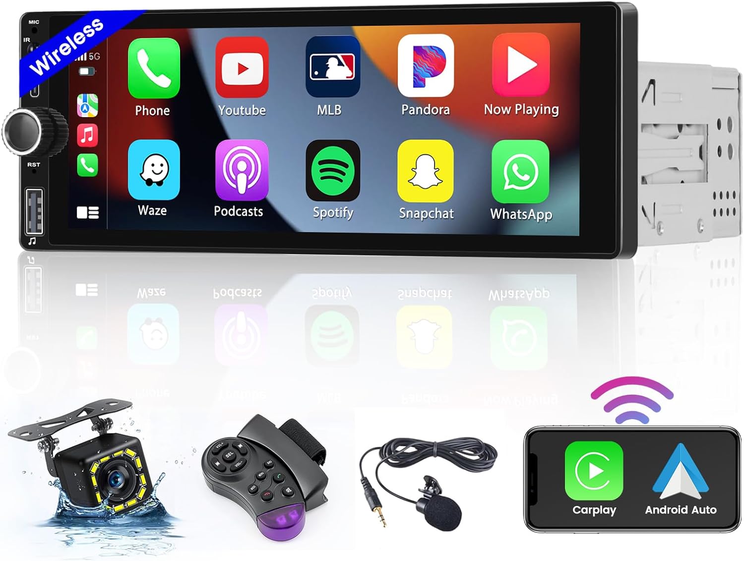 Hikity Autoradio Bluetooth 1 Din avec 6,9 Pouces Écran Tactile Wireless CarPlay Poste Radio Voiture et Android Auto sans Fil FM EQ USB Type-C Lien Miroir Commande au Volant Mic Caméra de Recul