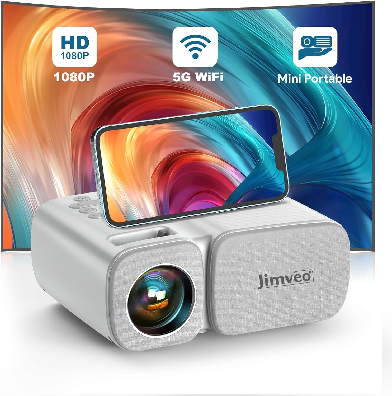 Videoprojecteur, 9500L Mini Projecteur Portable, Jimveo Retroprojecteur WiFi Full HD 1080P, Video Projecteur Home Cinéma pour Smartphone, Compatible avec HDMI/USB/AV