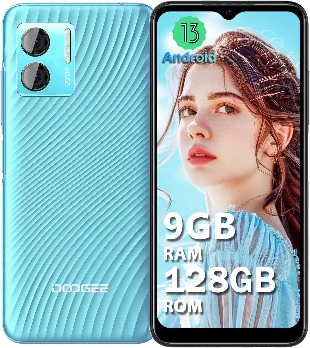 DOOGEE N50S Telephone Portable [2024], 9GB RAM + 128GB ROM Android 13 Smartphone, 20MP Caméra, Octa-Core, Écran 6.52” HD+, 4200mAh, Dual SIM 4G/Widevine L1/Face ID/OTG/GPS/3.5mm Jack - Bleu