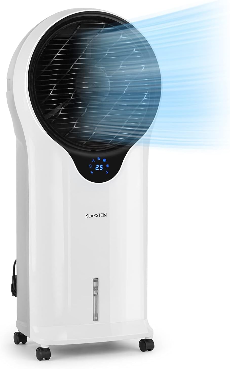Klarstein Climatiseur Mobile 3 en 1, Climatiseur Portable avec Humidificateur, Ventilateur, Climatiseur Mobile Sans Évacuation, 2 Pack Glacons, Minuterie, 3 Modes, 90W, Puissant Débit d'Air 1600m³/h