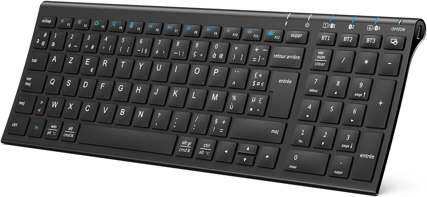 Clavier Bluetooth Mac, iClever Rechargeable Clavier AZERTY sans Fil - Connecte 1 à 3 appareils, 12 Raccourcis Multimédias, Ultra-Mince, pour iMac, iPad, iPhone, Mac OS X, iOS, Apple OS