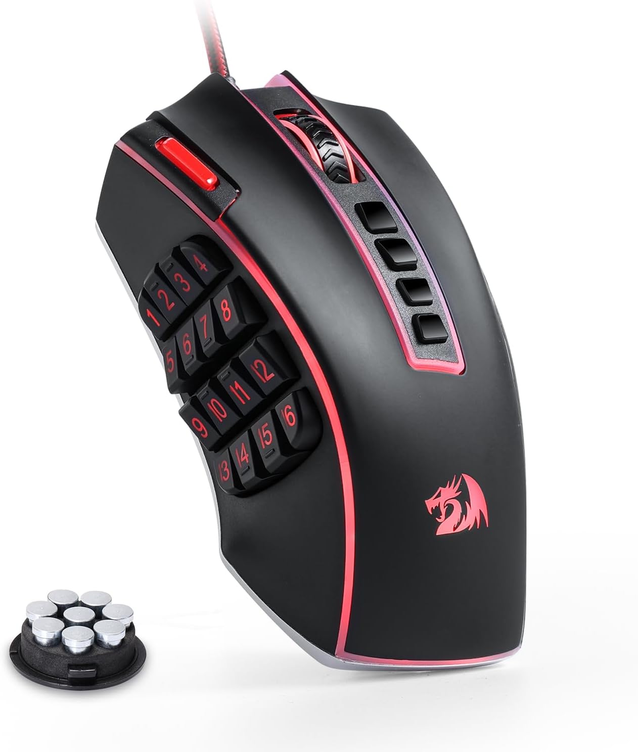 Redragon M990 Souris de jeu MMO 32 000 DPI filaire RVB haute précision avec 23 boutons programmables, 16 touches macro latérales, support logiciel, base en aluminium
