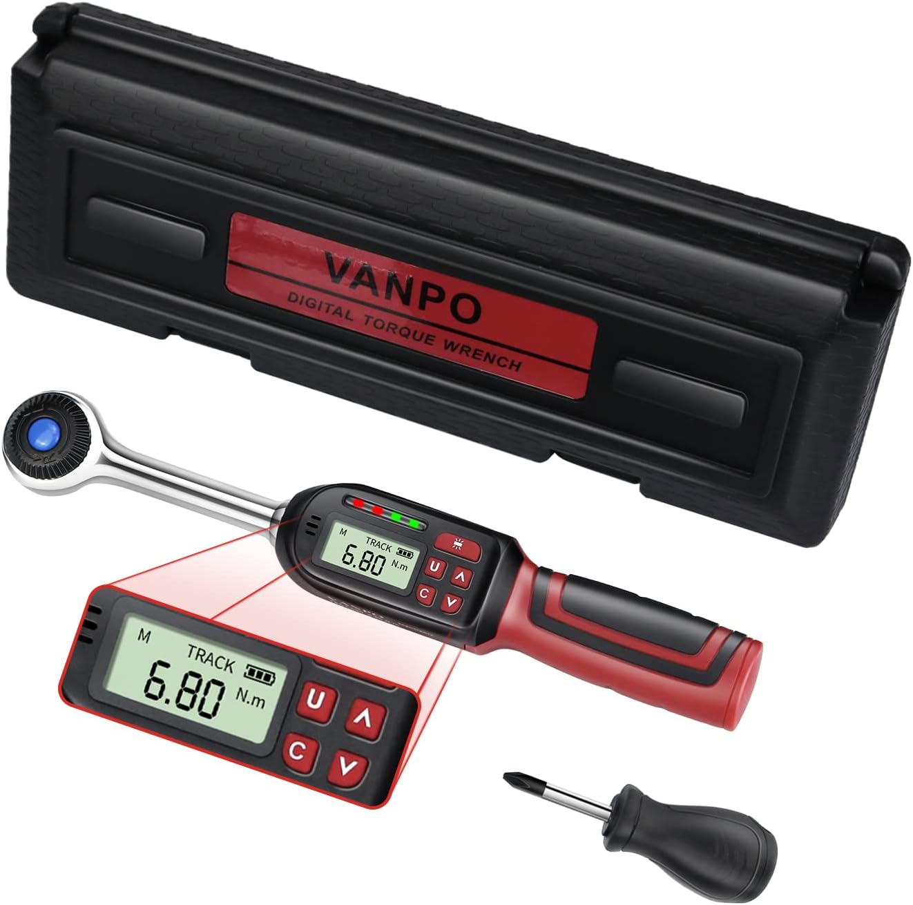 VANPO Clé Dynamométrique Numérique 1/2" (6.8-135 Nm), Haute Précision ±2%, avec Buzzer et Notification Flash LED, Clé Dynamométrique Électronique Pour Autos, Motos, Vélos