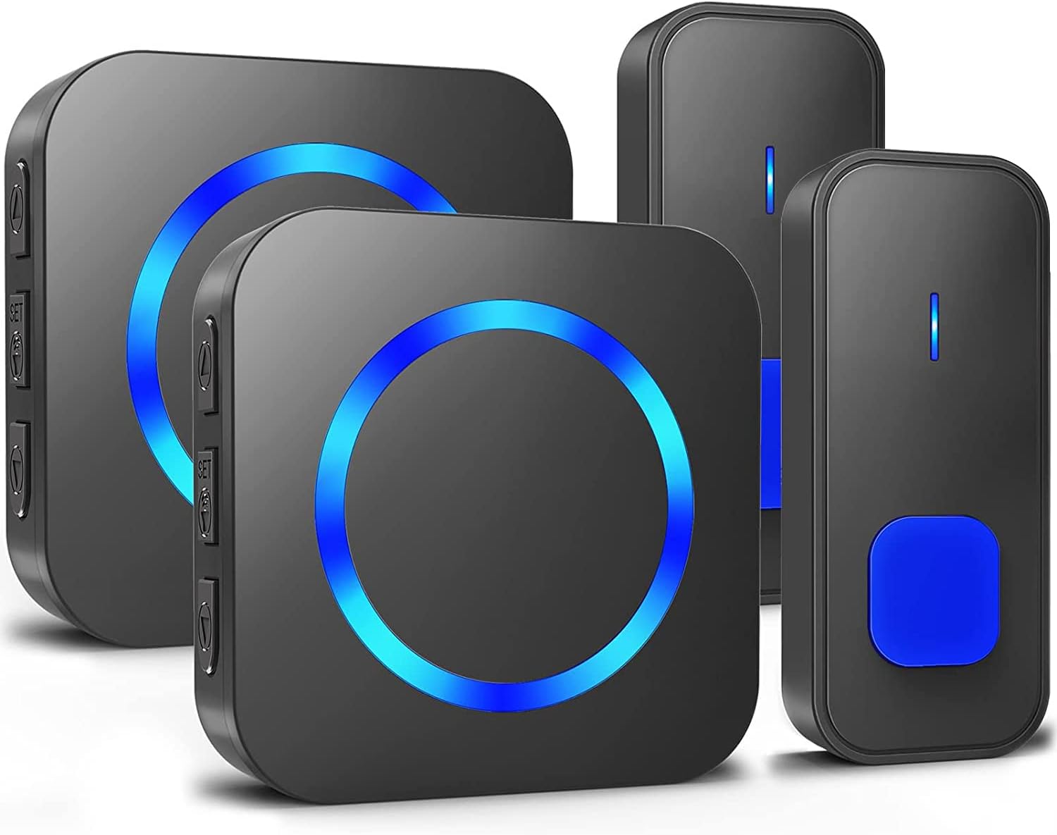 SURFOU Sonnette sans Fil, 400M de Porte Étanche Electronique Kit de Carillon avec 2 Bouton Emetteur 2 Récepteurs Enfichables, 55 Mélodies au 5 Niveaux Volumes, LED Bleu, Noir