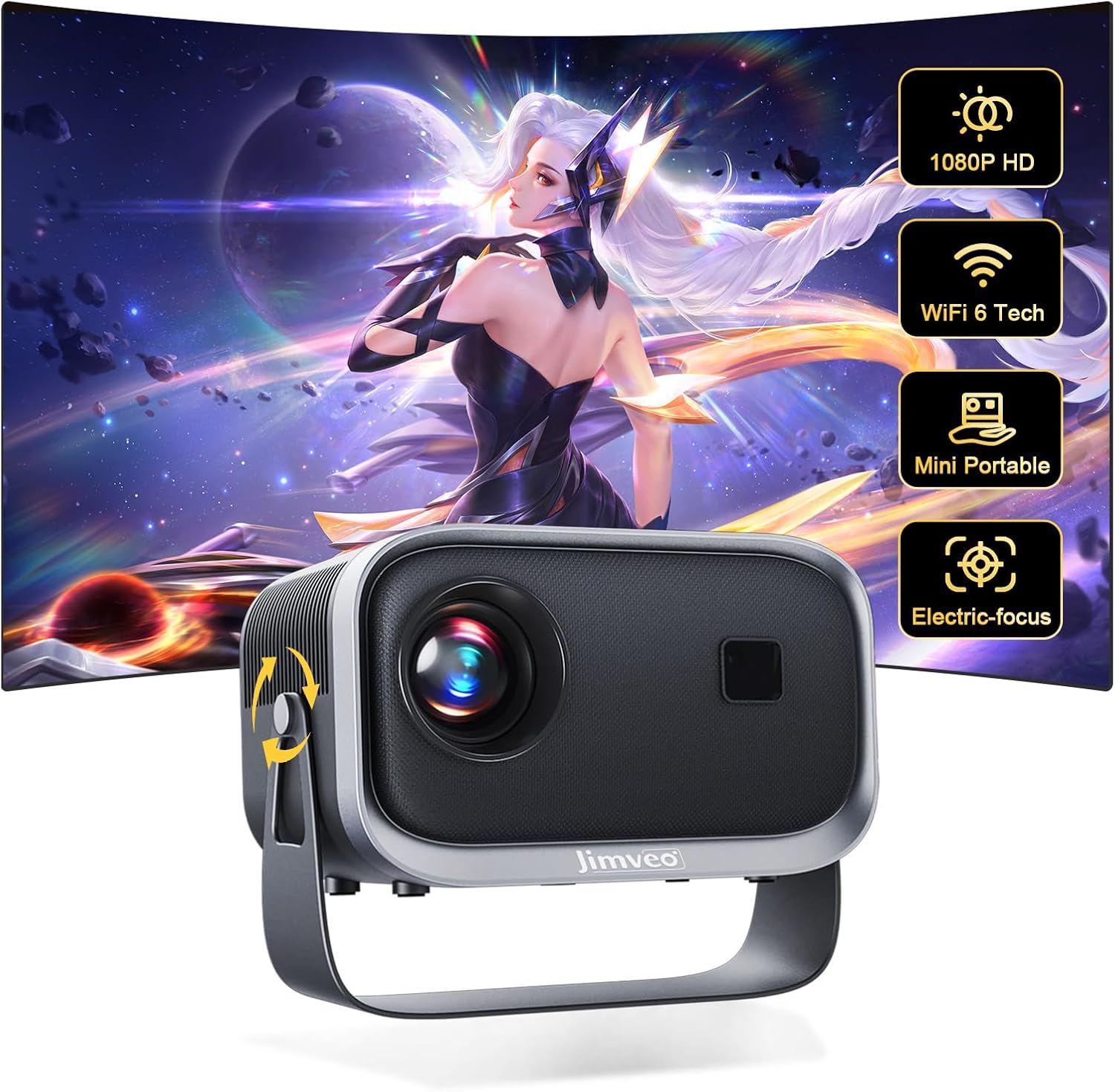 Videoprojecteur【FocusÉlectrique&±45°Correction trapézoïdale】 360°Rotating Jimveo Mini retroprojecteur Portableprojecteur 13000L FHD1080P WiFi6 Bluetooth HomeCinéma 4KSupportépour Phone/FireStick/ PS5