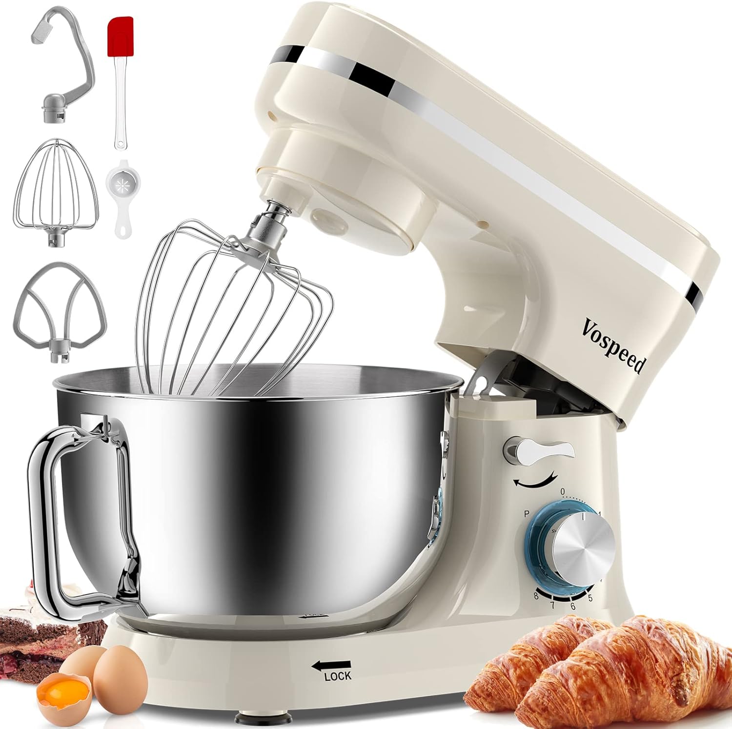 Robot Pâtissier Multifonctions, Vospeed Robot de Cuisine 1000W 5QT avec Fouet, Crochet Pétrisseur, Fouet à Gâteau, bol en acier Inoxydable, Pare-Éclaboussures (Blanc)