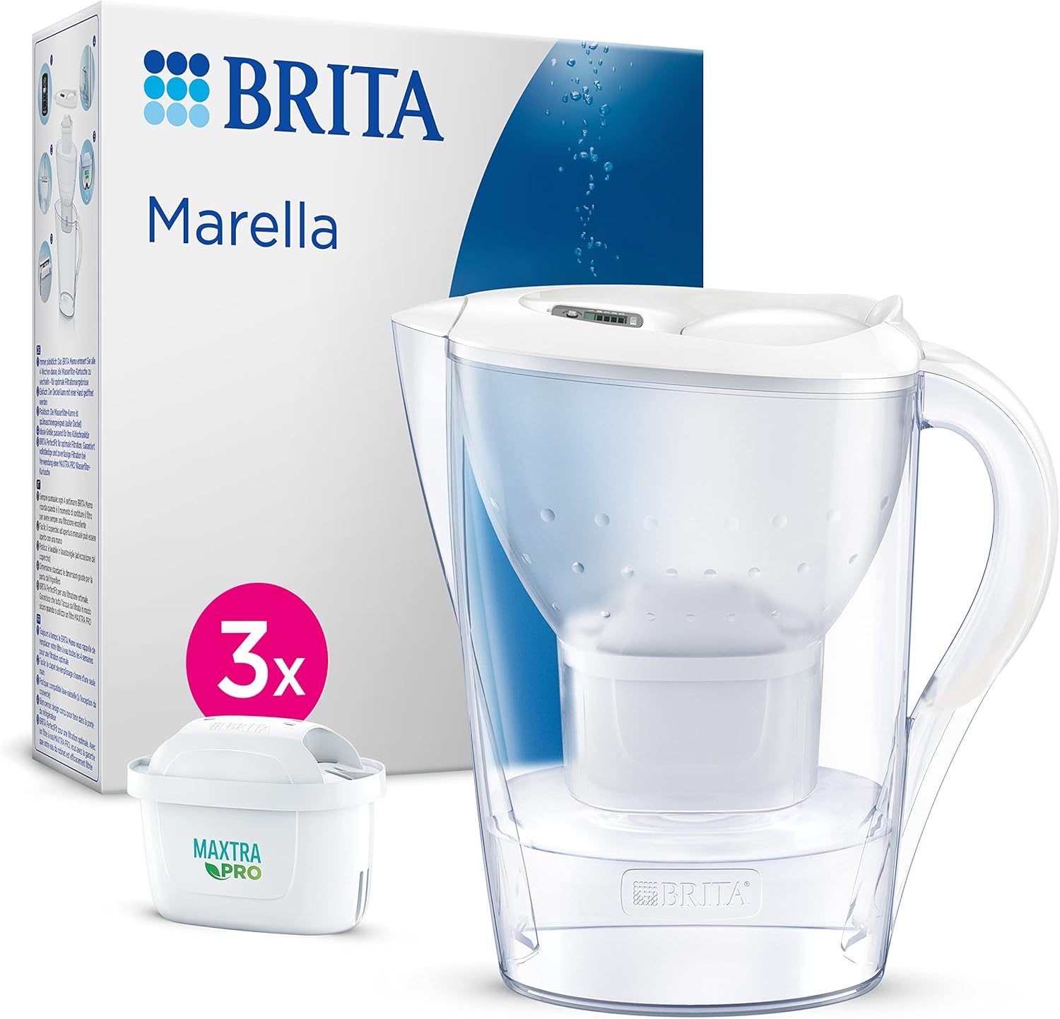 BRITA Carafe Filtrante Marella Blanche (2,4l) incl 3 cartouches filtre eau robinet MAXTRA PRO All-in-1 réduit PFAS,calcaire, chlore, certaines impuretés et métaux indicateur temporel, éco-emballage